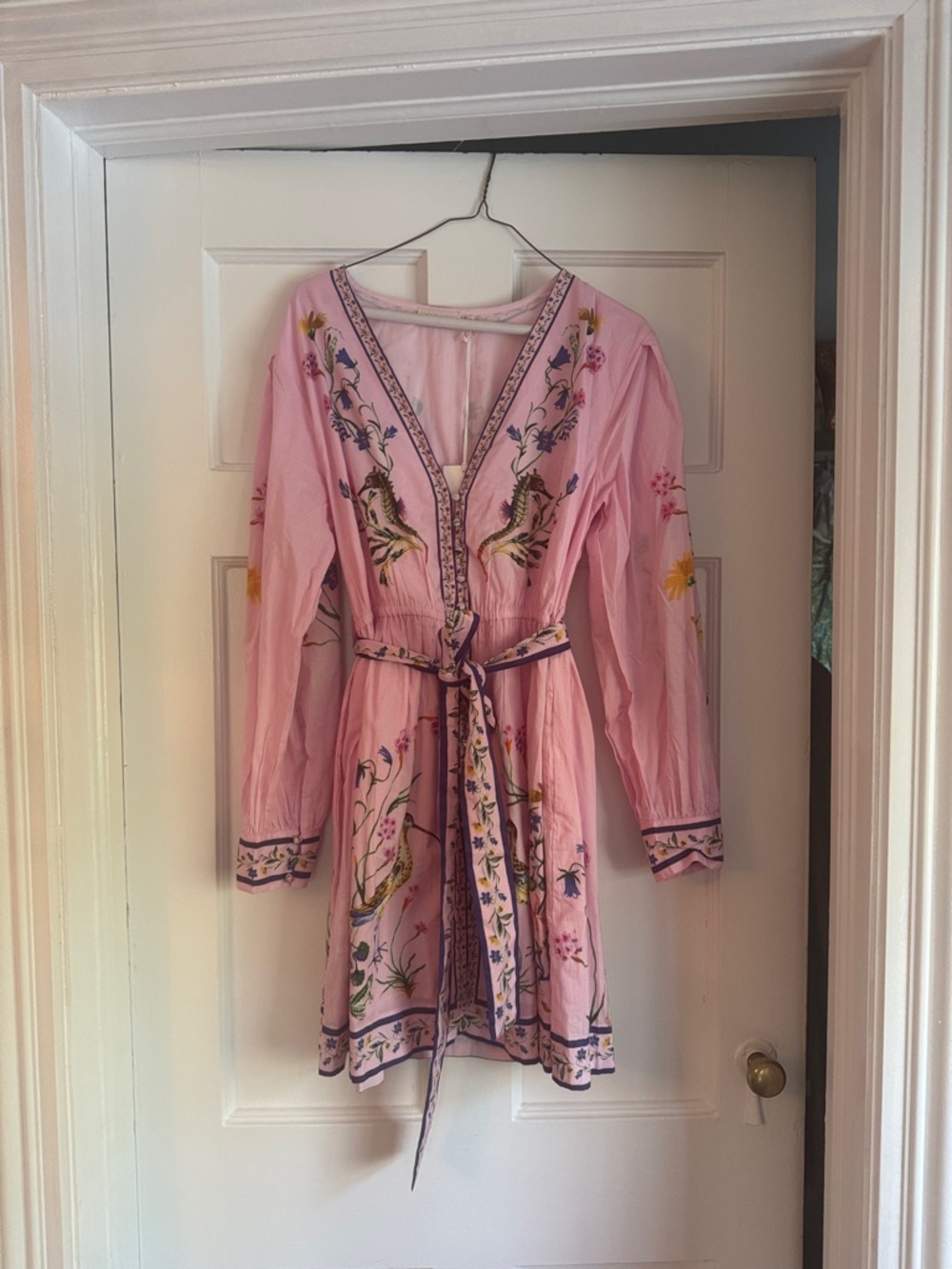Banjanan Pink Embroidered V-Neck Tie-Waist Dress